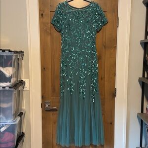 Adrianna Papell Green Beaded Mesh Formal Evening Gown Dress Womens 14 Mermaid